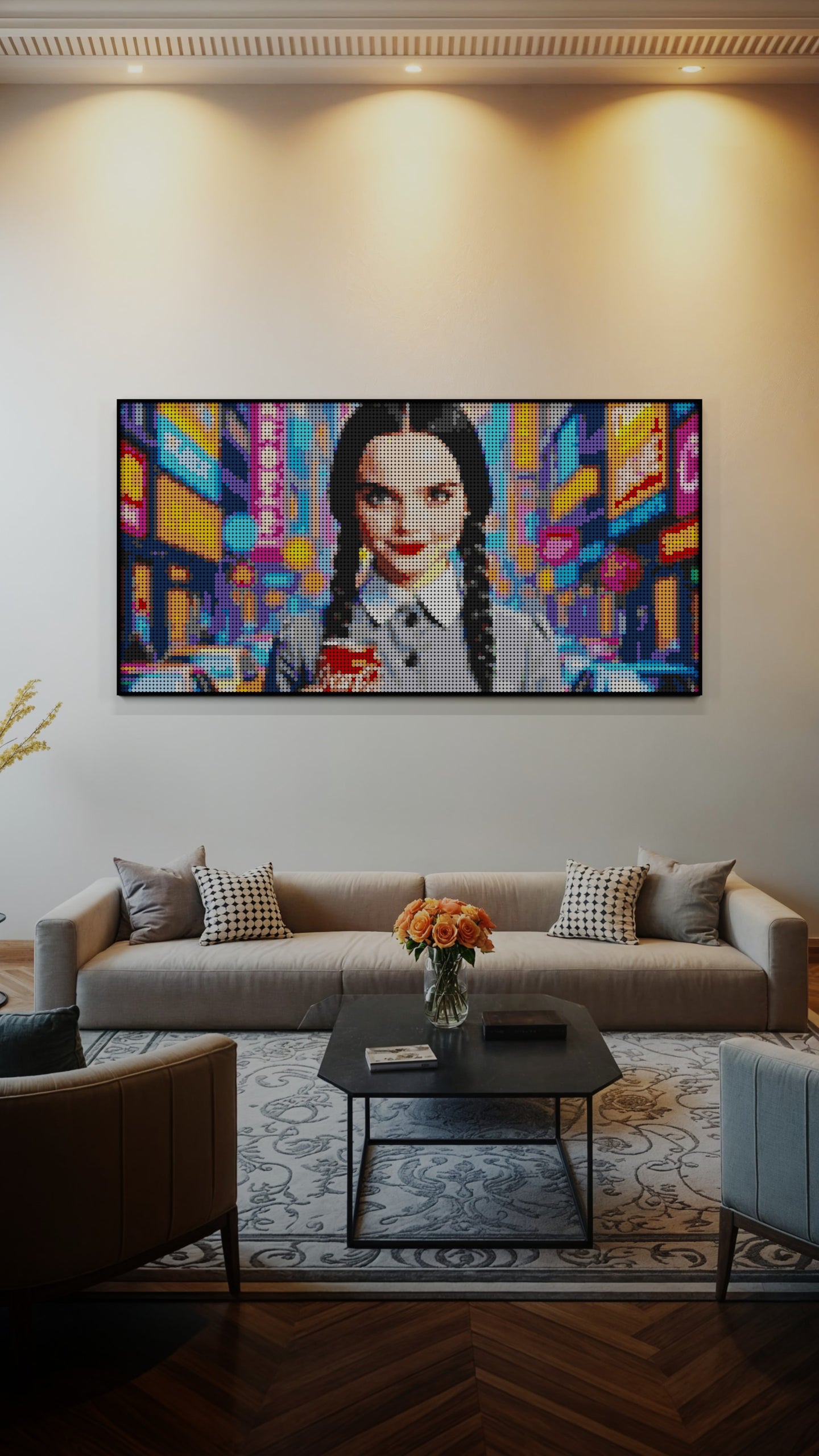 Wednesday Addams LEGO® Style mosaic wall art made from colorful plastic bricks